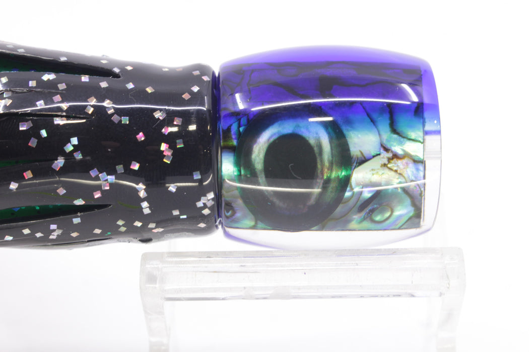 Moyes Lures Paua Shell Blue Back Taxi Eyes Large Tang 9" 3oz Skirted Black Aurora/Mahi