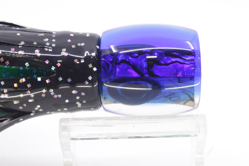 Moyes Lures Paua Shell Blue Back Taxi Eyes Large Tang 9" 3oz Skirted Black Aurora/Mahi