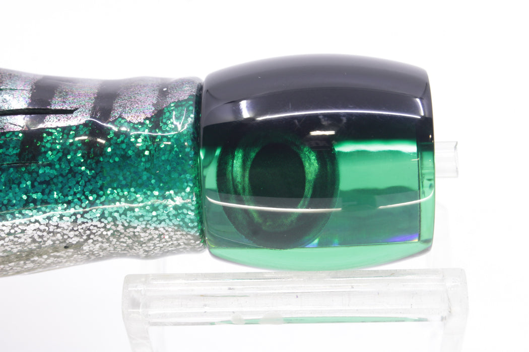 Moyes Lures Green Rainbow Black Back Taxi Eyes Large Tang 9" 3oz Skirted Green Aurora