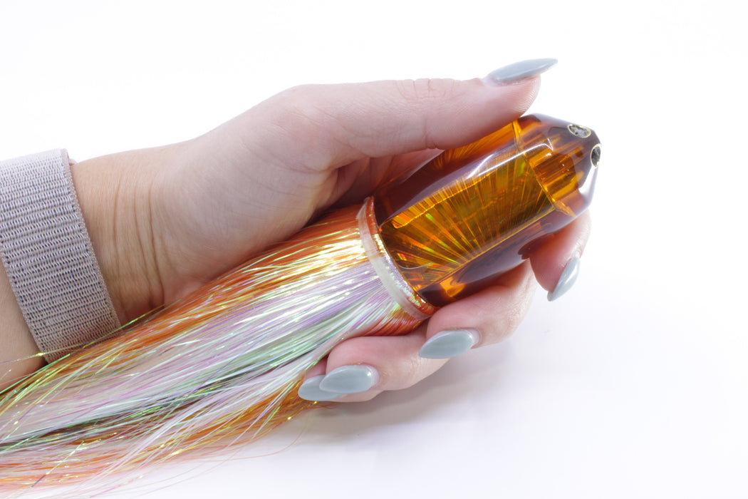 Koya Lures Amber Rainbow Starburst 4-Hole Bullet 9"+ 7oz Flashabou Orange-White/Black GZE