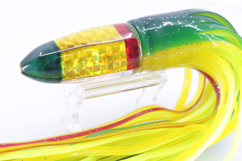 Crampton Baits Yellow Rainbow Scale Green Pearl Tip Bullet 9" 4.7oz Skirted Rasta