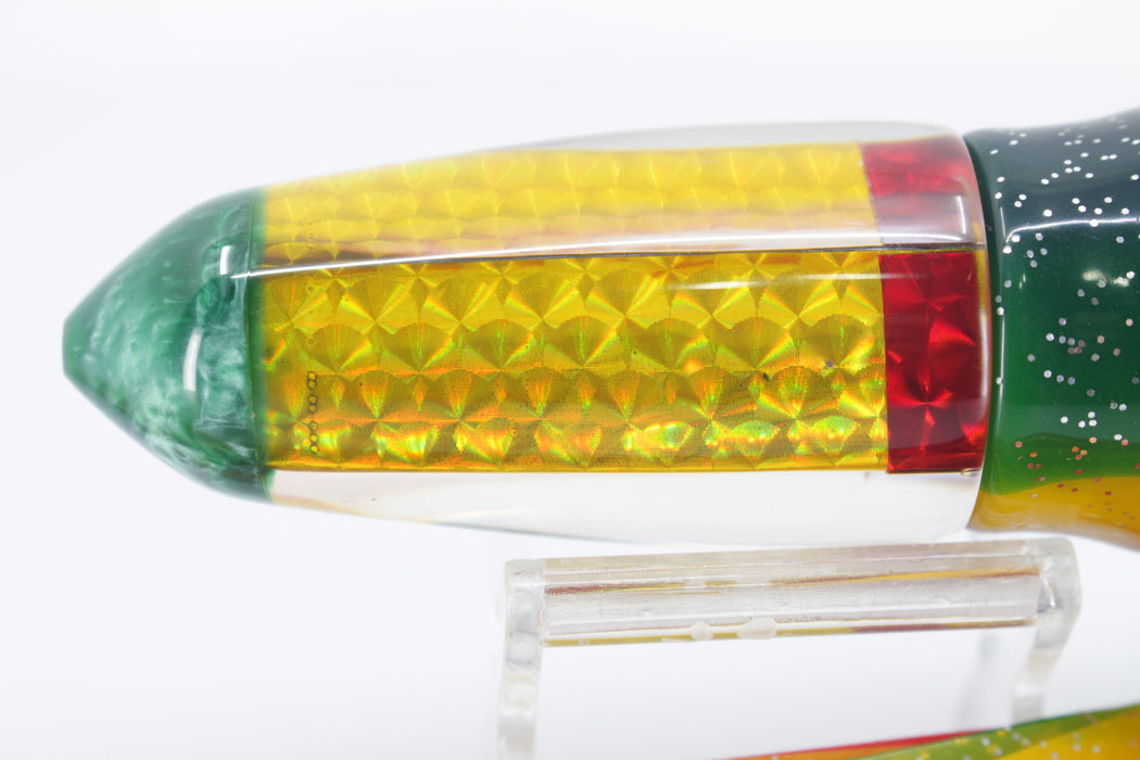Crampton Baits Yellow Rainbow Scale Green Pearl Tip XL Bullet 12" 9.8oz Skirted Rasta