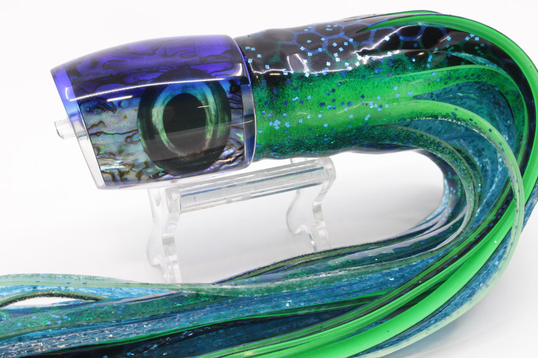 Moyes Lures Paua Shell Blue Back Medium J-Boy 12" 7oz Skirted Black Dots-Blue Dots