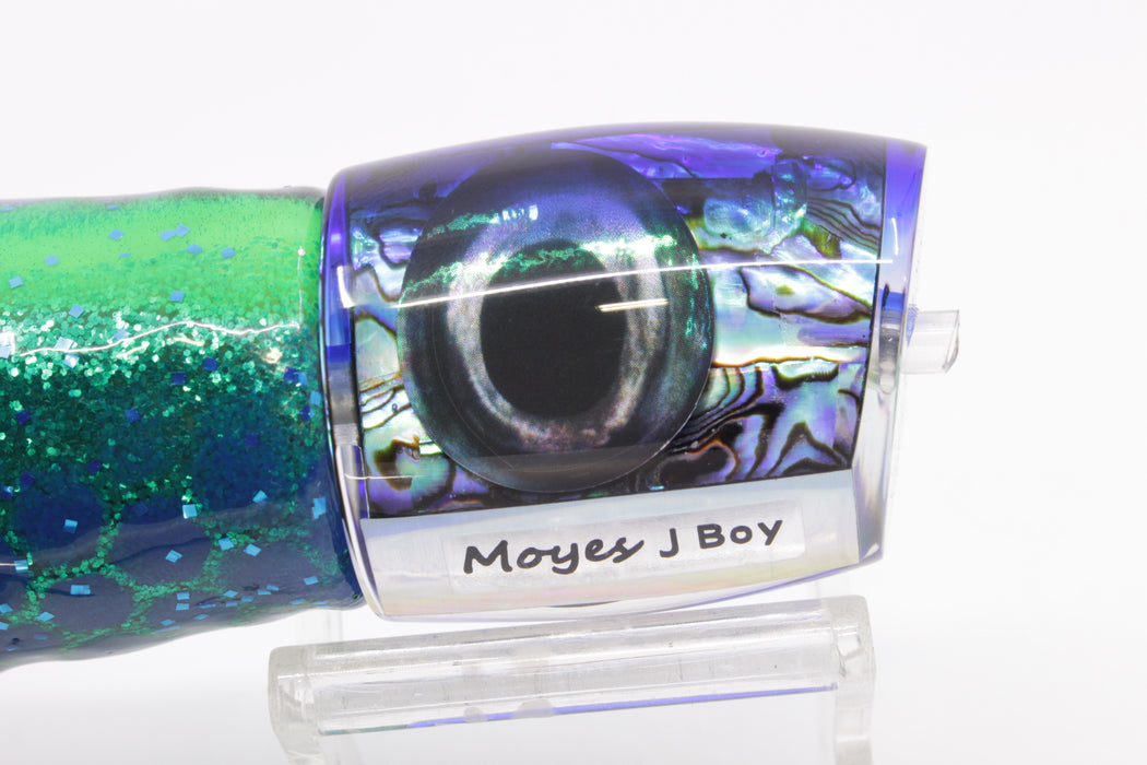 Moyes Lures Paua Shell Blue Back Medium J-Boy 12" 7oz Skirted Black Dots-Blue Dots