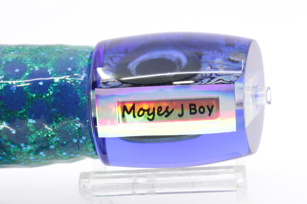 Moyes Lures Paua Shell Blue Back Medium J-Boy 12" 7oz Skirted Black Dots-Blue Dots