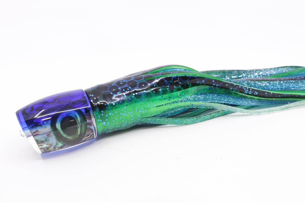 Moyes Lures Paua Shell Blue Back Medium J-Boy 12" 7oz Skirted Black Dots-Blue Dots