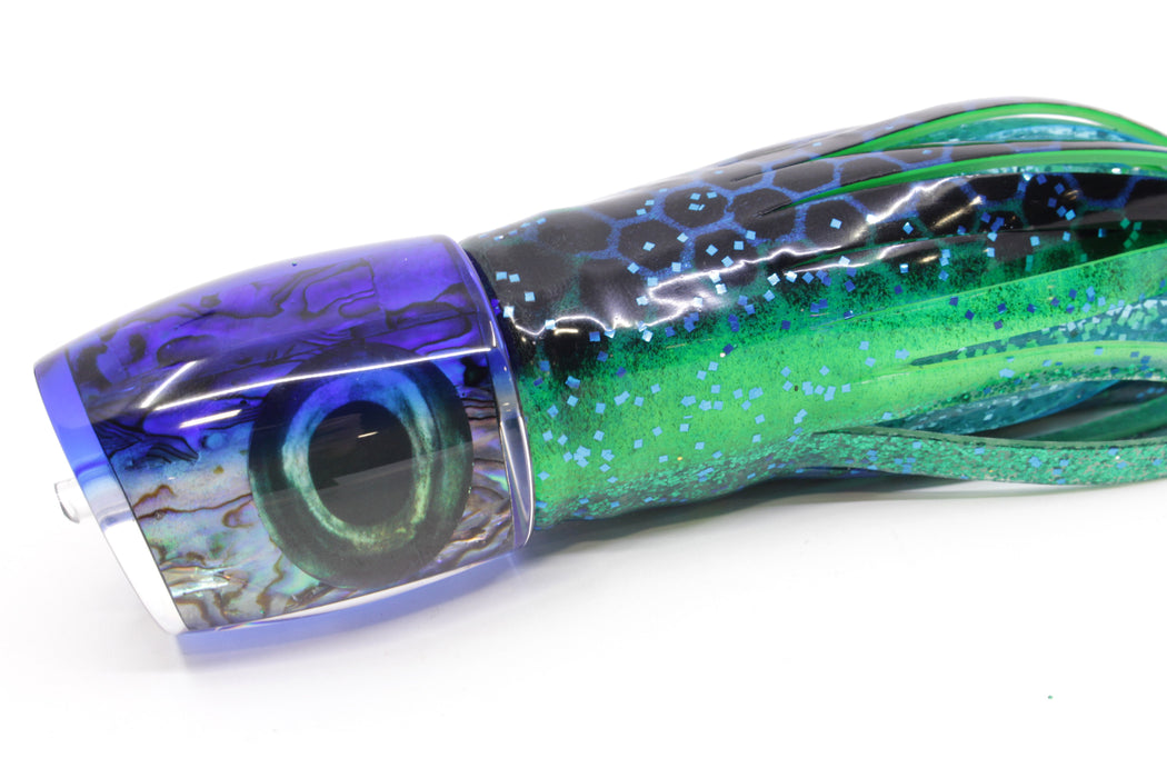 Moyes Lures Paua Shell Blue Back Medium J-Boy 12" 7oz Skirted Black Dots-Blue Dots