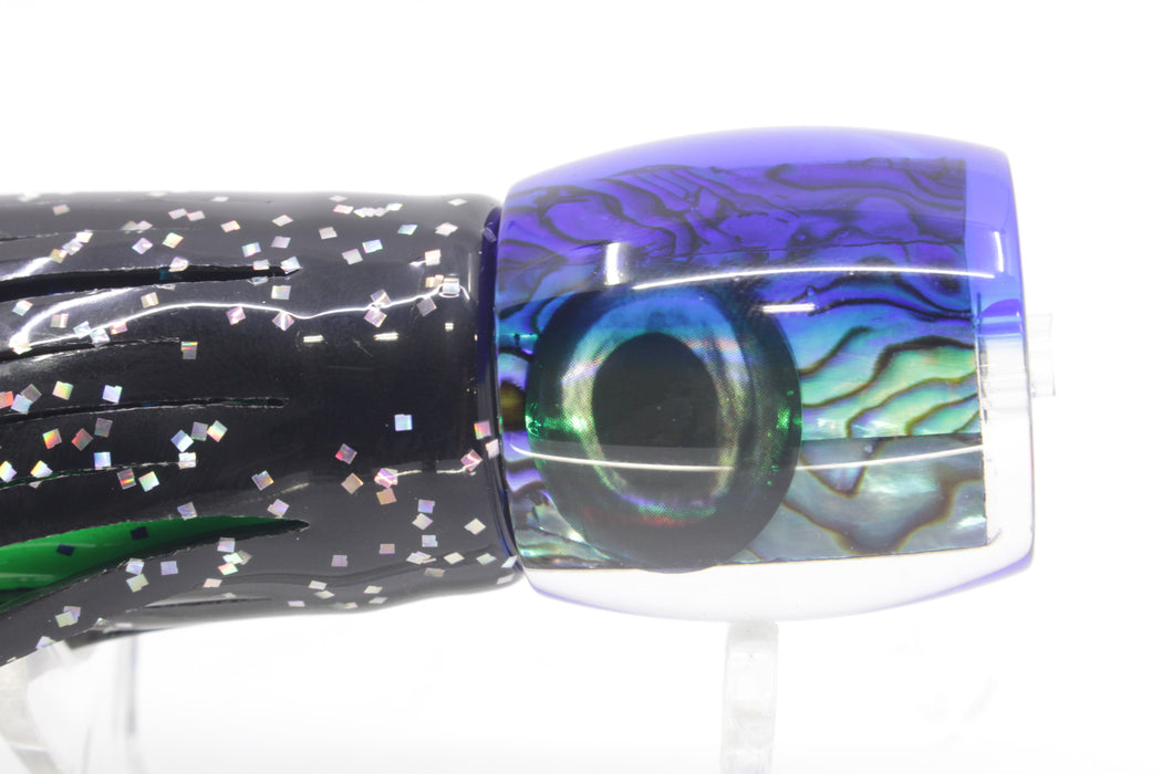 Moyes Lures Paua Shell Blue Back Taxi Eyes Large Tang 9" 3oz Skirted Black Aurora