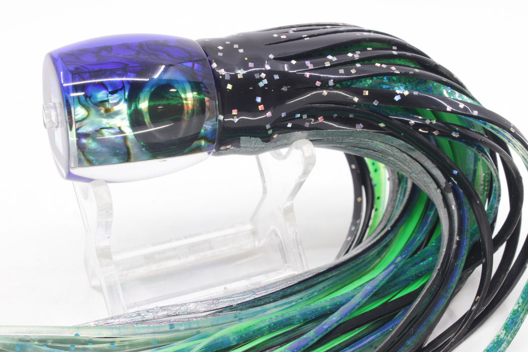 Moyes Lures Paua Shell Blue Back Taxi Eyes Large Tang 9" 3oz Skirted Black Aurora