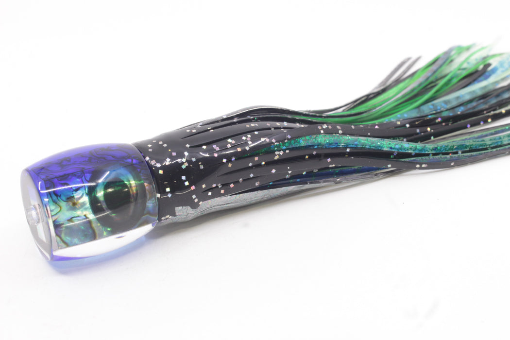 Moyes Lures Paua Shell Blue Back Taxi Eyes Large Tang 9" 3oz Skirted Black Aurora