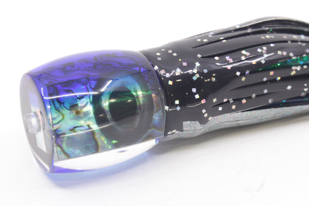 Moyes Lures Paua Shell Blue Back Taxi Eyes Large Tang 9" 3oz Skirted Black Aurora