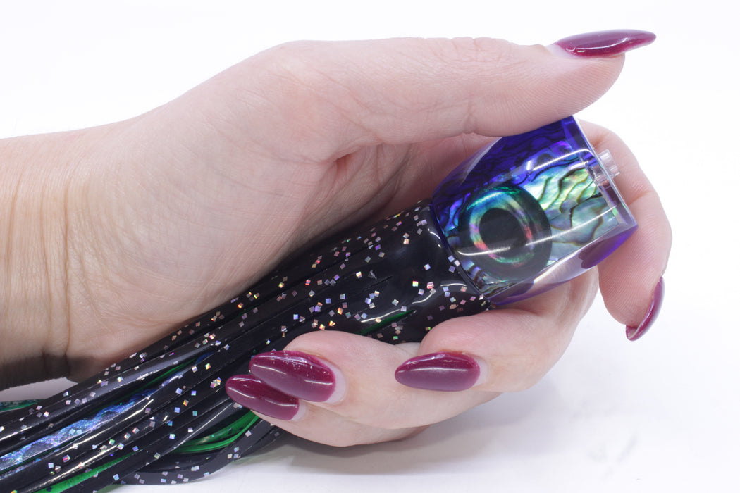 Moyes Lures Paua Shell Blue Back Taxi Eyes Large Tang 9" 3oz Skirted Black Aurora