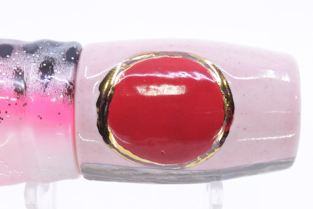 Mark White Lures Pink 4-Hole Pusher-Cupped Face 9"+ 7.6oz Skirted White-Black Dots