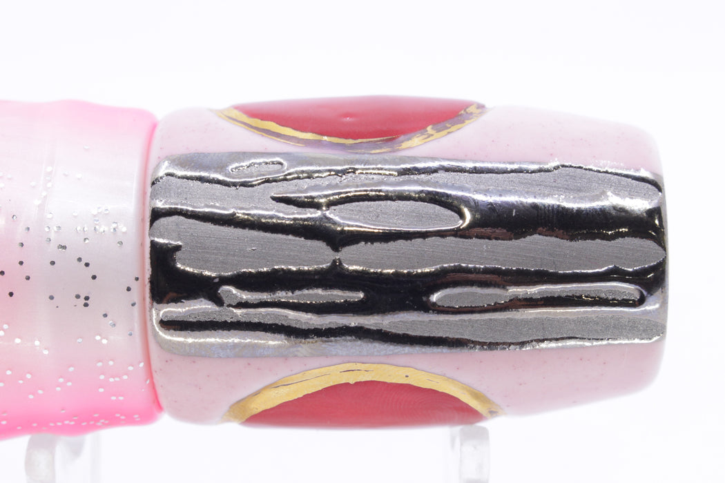 Mark White Lures Pink 4-Hole Pusher-Cupped Face 9"+ 7.6oz Skirted White-Black Dots