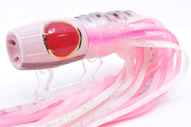 Mark White Lures Pink 4-Hole Pusher-Cupped Face 9"+ 7.6oz Skirted White-Black Dots