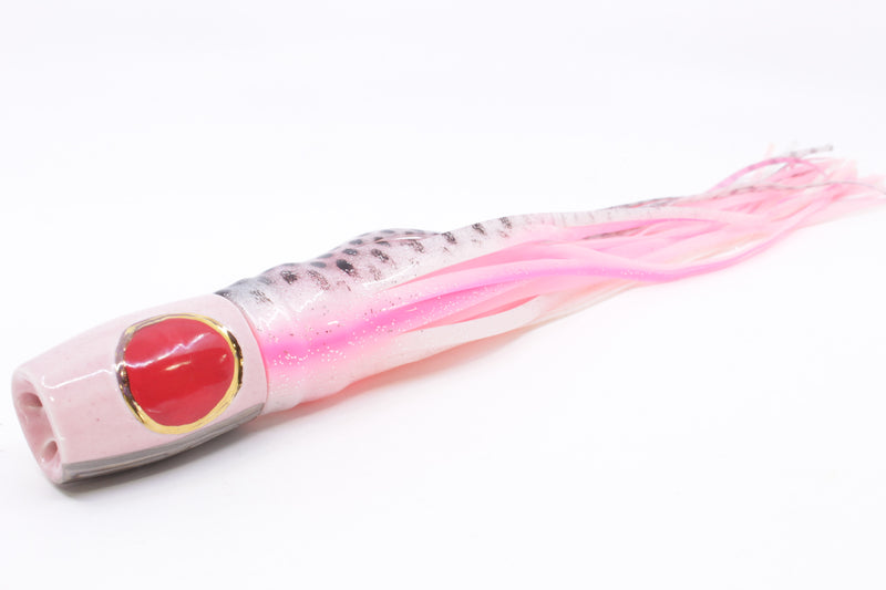 Mark White Lures Pink 4-Hole Pusher-Cupped Face 9"+ 7.6oz Skirted White-Black Dots