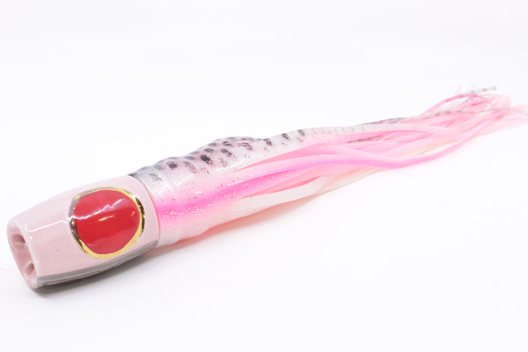 Mark White Lures Pink 4-Hole Pusher-Cupped Face 9"+ 7.6oz Skirted White-Black Dots