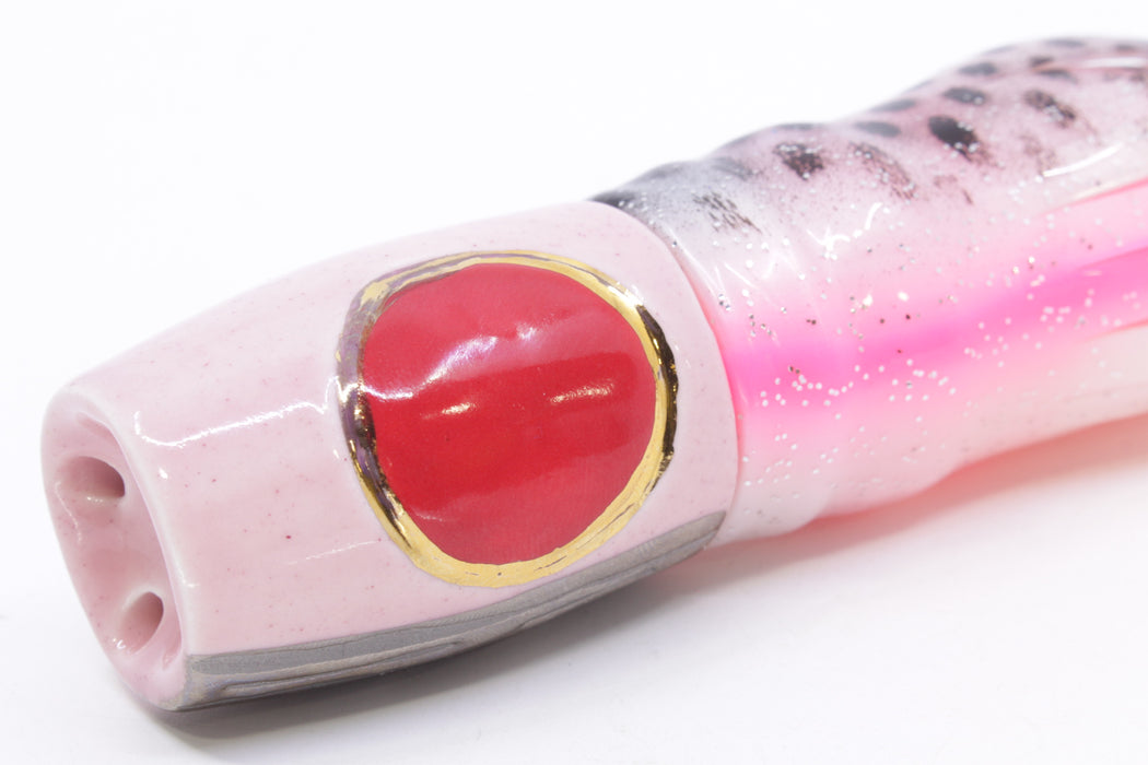 Mark White Lures Pink 4-Hole Pusher-Cupped Face 9"+ 7.6oz Skirted White-Black Dots