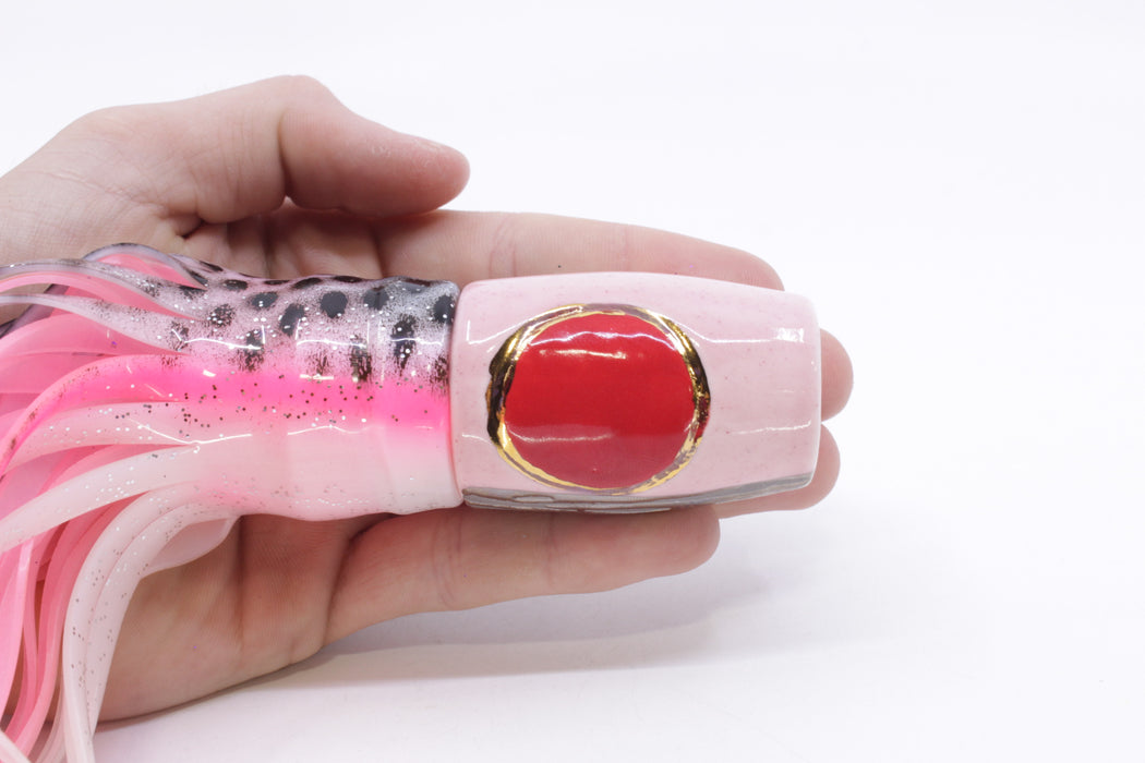 Mark White Lures Pink 4-Hole Pusher-Cupped Face 9"+ 7.6oz Skirted White-Black Dots