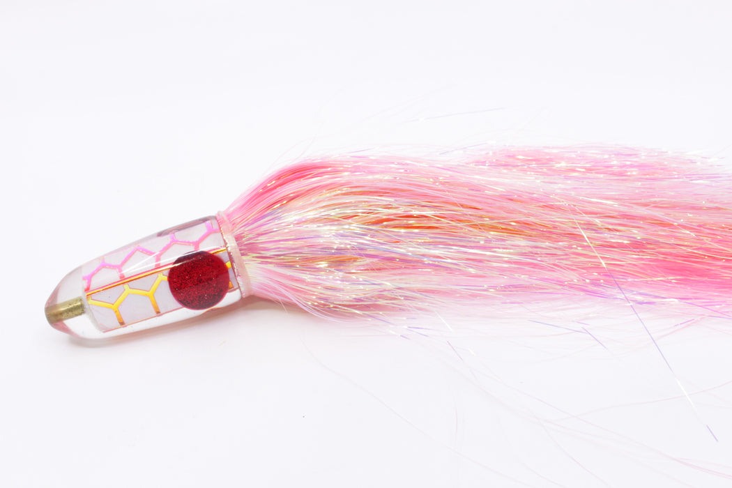 Ganku Lures White MOP-Pink "Cowfish" Long Bullet 9" 7oz Flashabou Pink