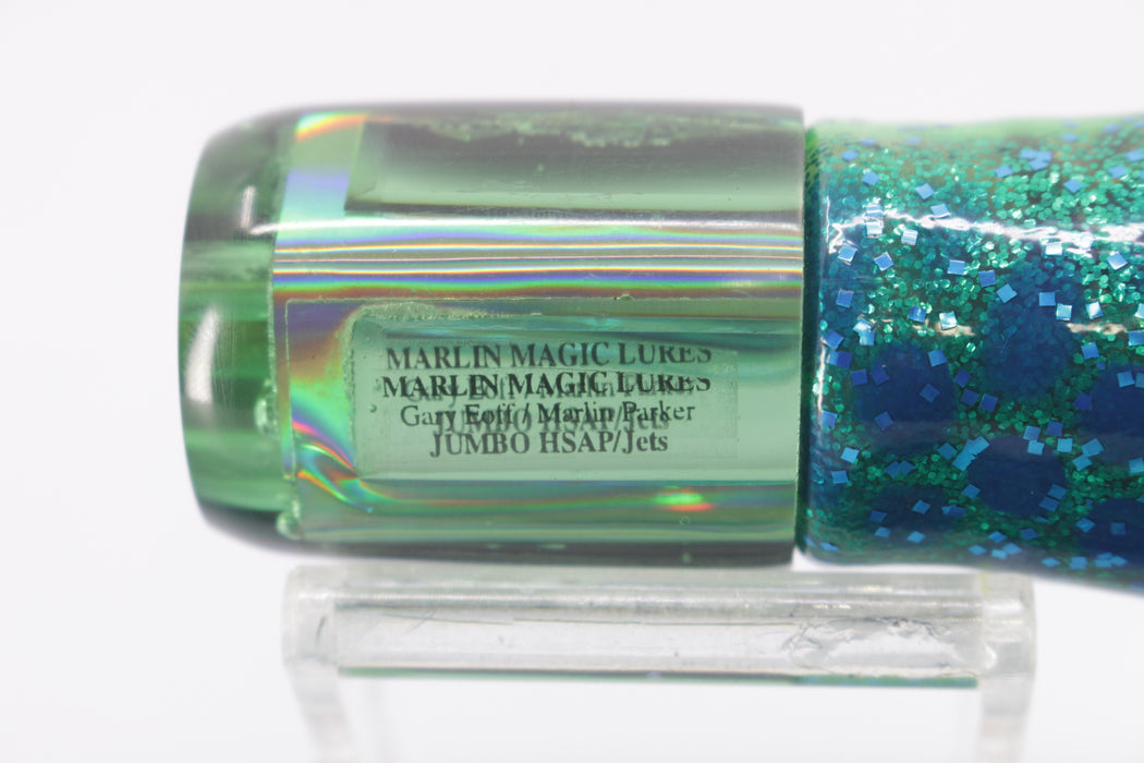 Marlin Magic Green Mirror-Rainbow Black Back 4-Hole Jumbo HSAP Jet 9" 7oz Skirted