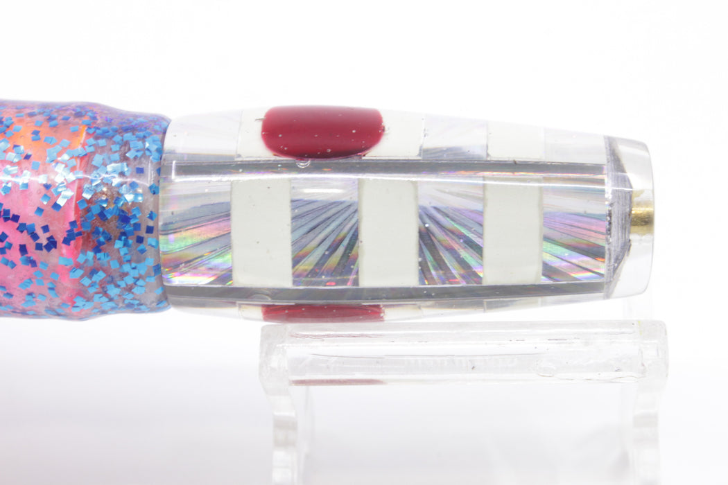 Ganku Lures White-Silver Starburst "Glow Zebra" Longneck Pusher 7" 5oz Skirted Purple-Blue