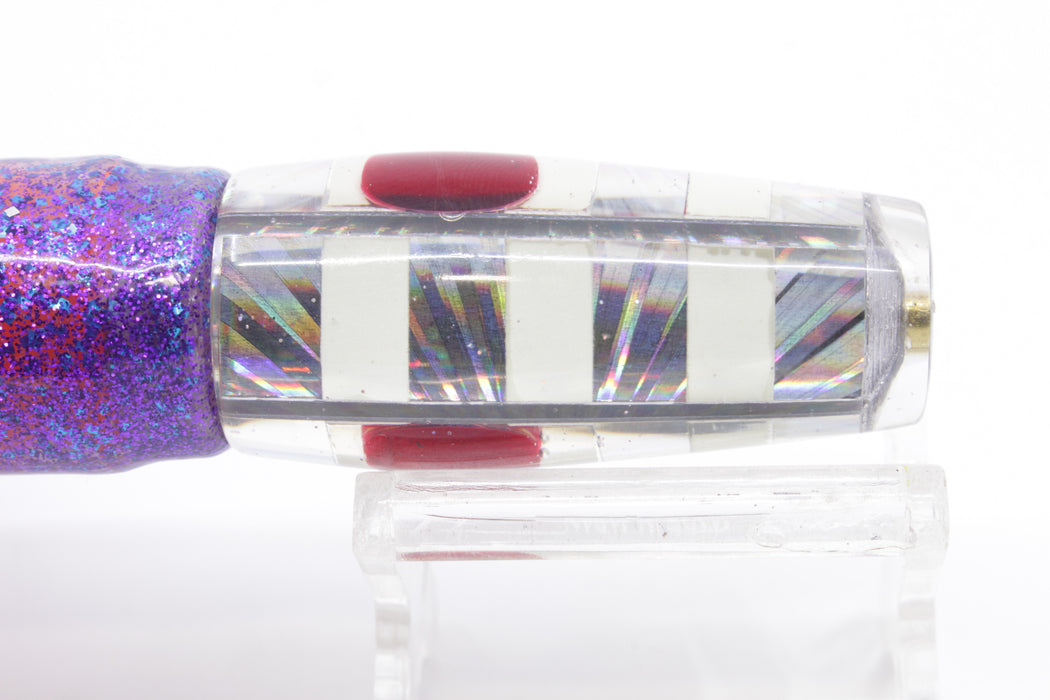 Ganku Lures White-Silver Starburst "Glow Zebra" Longneck Pusher 7" 5oz Skirted Purple-Blue