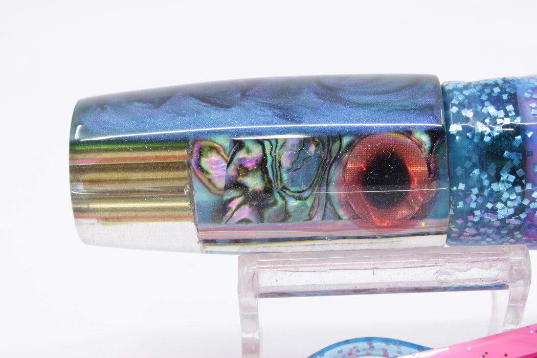 Big Reidee Lures Blue Bubble Gum Paua Shell Blue Back 4-Hole Pusher 9" 6.6oz Skirted