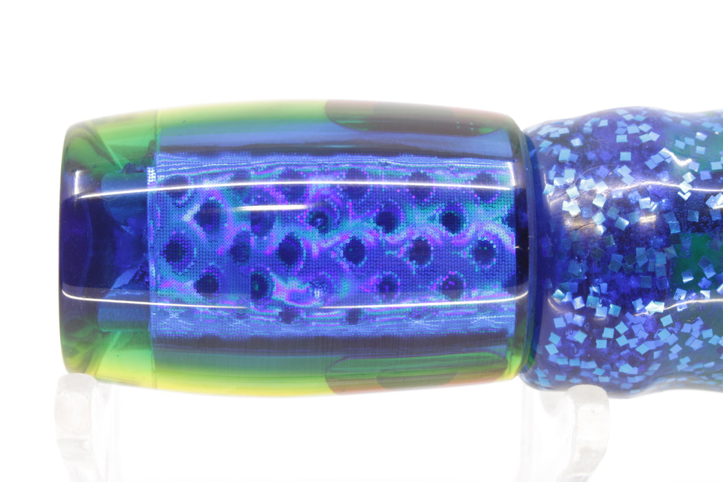 Coggin Lures White MOP Blue-Yellow Back 4-Hole Hualalai Tado Invert 7" 3.5oz Skirted Blue-Silver