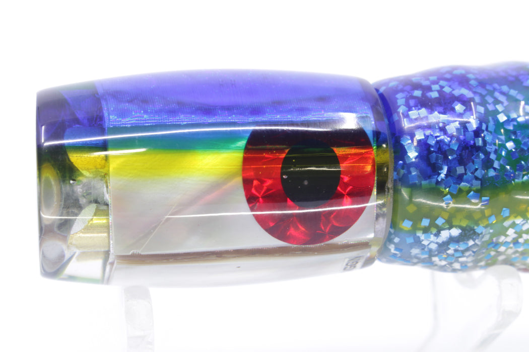 Coggin Lures White MOP Blue-Yellow Back 4-Hole Hualalai Tado Invert 7" 3.5oz Skirted Blue-Silver