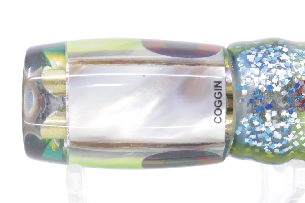 Coggin Lures White MOP Blue-Yellow Back 4-Hole Hualalai Tado Invert 7" 3.5oz Skirted Blue-Silver