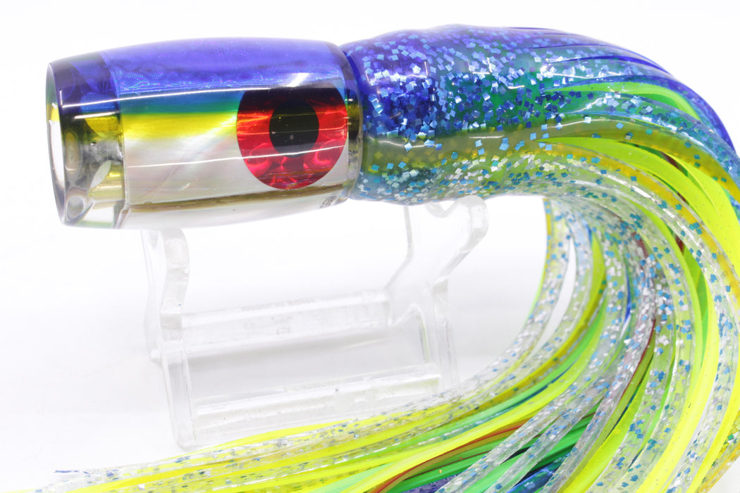 Coggin Lures White MOP Blue-Yellow Back 4-Hole Hualalai Tado Invert 7" 3.5oz Skirted Blue-Silver