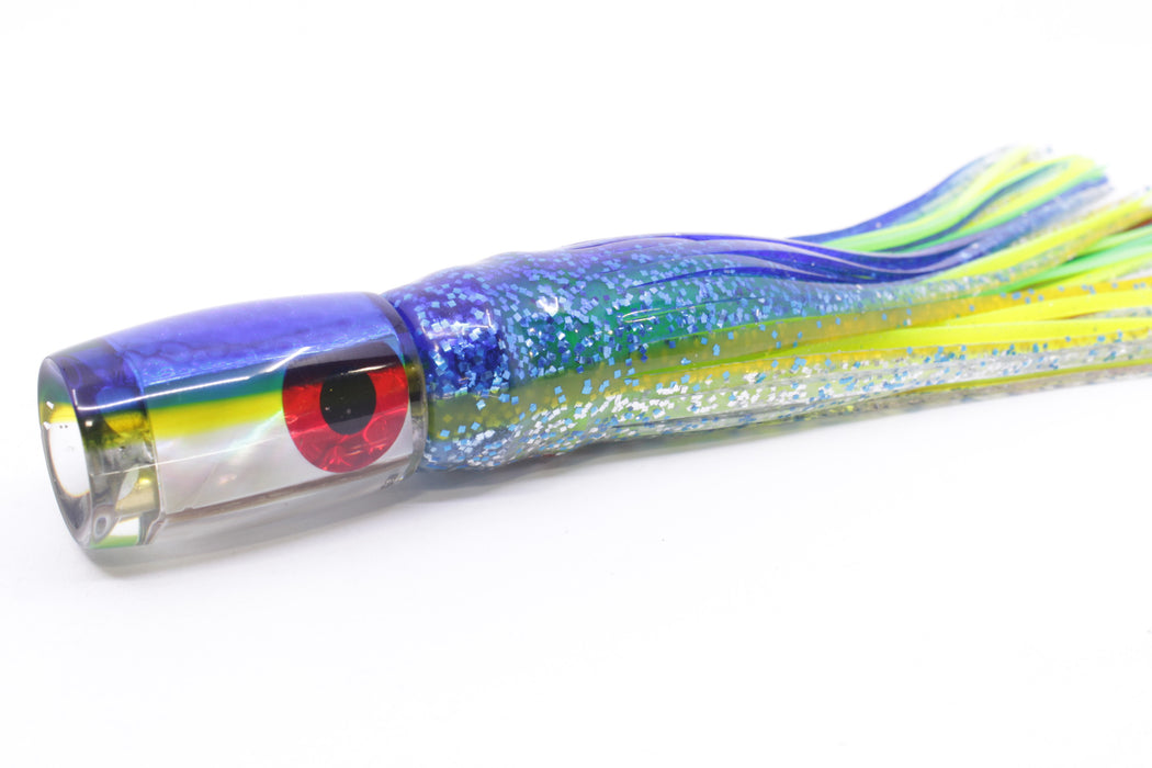 Coggin Lures White MOP Blue-Yellow Back 4-Hole Hualalai Tado Invert 7" 3.5oz Skirted Blue-Silver