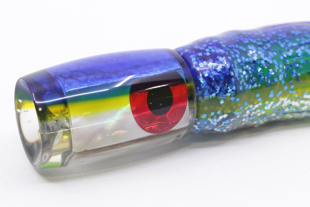 Coggin Lures White MOP Blue-Yellow Back 4-Hole Hualalai Tado Invert 7" 3.5oz Skirted Blue-Silver