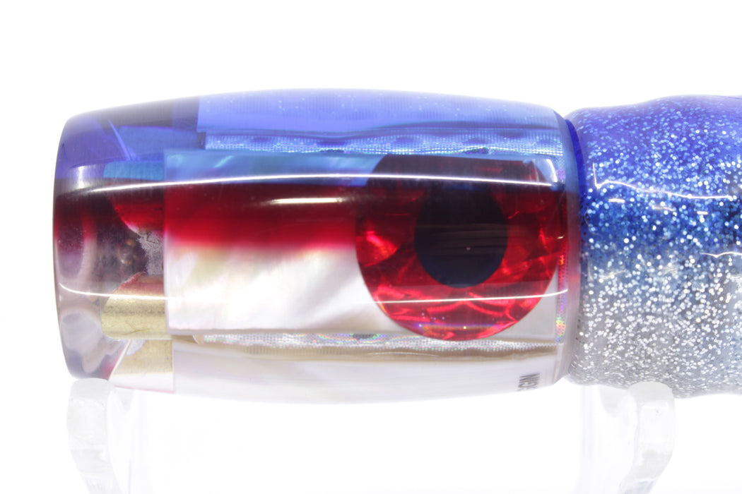 Coggin Lures White MOP Blue-Red Back 4-Hole Hualalai Tado Invert 7" 3.5oz Skirted Blue-Silver