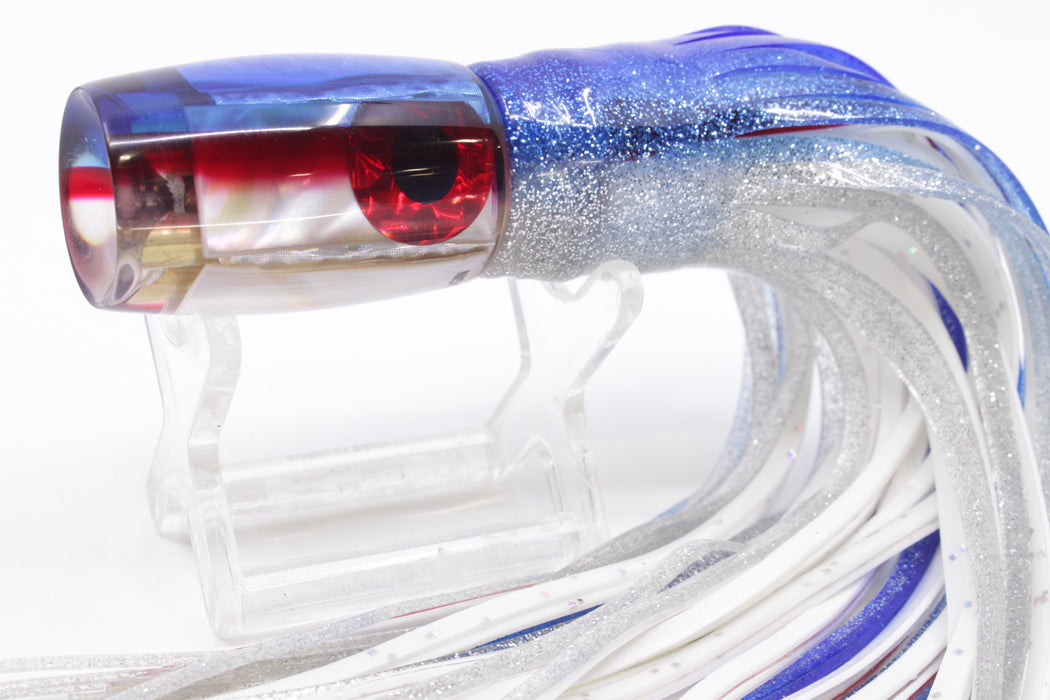 Coggin Lures White MOP Blue-Red Back 4-Hole Hualalai Tado Invert 7" 3.5oz Skirted Blue-Silver