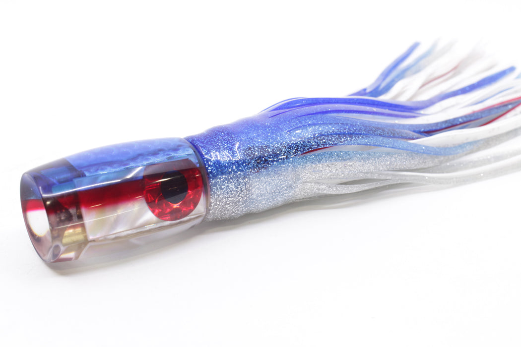 Coggin Lures White MOP Blue-Red Back 4-Hole Hualalai Tado Invert 7" 3.5oz Skirted Blue-Silver