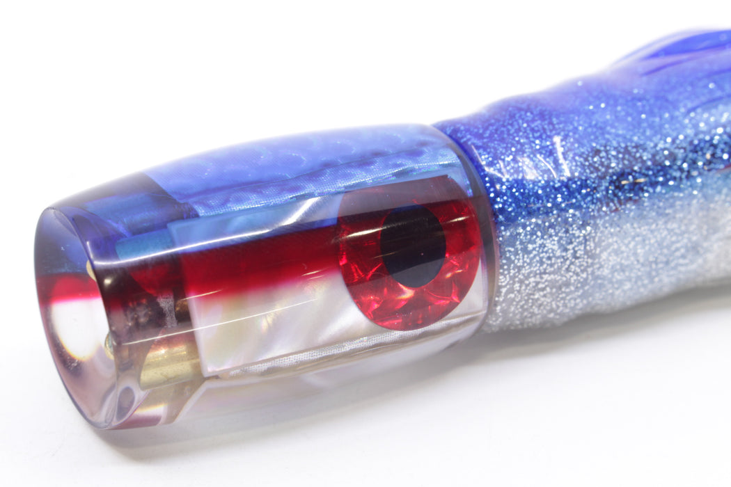 Coggin Lures White MOP Blue-Red Back 4-Hole Hualalai Tado Invert 7" 3.5oz Skirted Blue-Silver