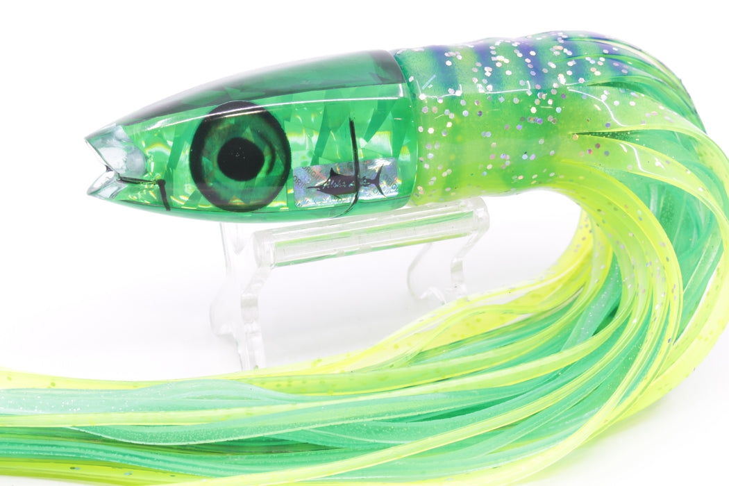 Aloha Lures Green Rainbow Flake Super Ninja 9" 6oz Skirted Chartreuse with Blue Stripes