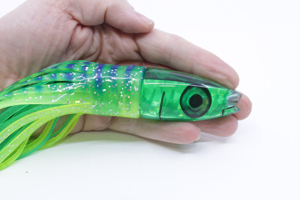 Aloha Lures Green Rainbow Flake Super Ninja 9" 6oz Skirted Chartreuse with Blue Stripes