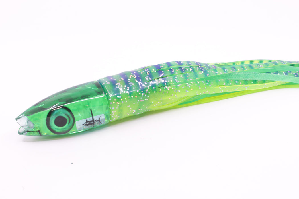 Aloha Lures Green Rainbow Flake Super Ninja 9" 6oz Skirted Chartreuse with Blue Stripes