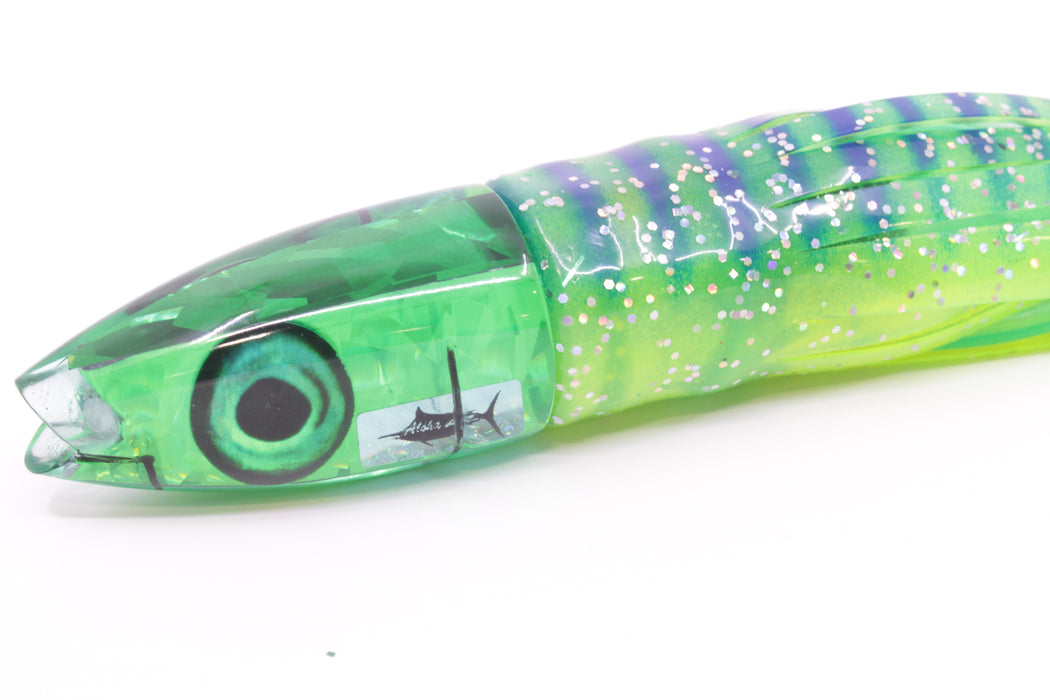 Aloha Lures Green Rainbow Flake Super Ninja 9" 6oz Skirted Chartreuse with Blue Stripes