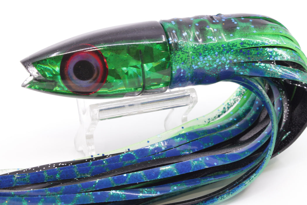 Aloha Lures Green Rainbow Flake Black Back Super Ninja 9" 6oz Skirted Black Dot-Blue Dot