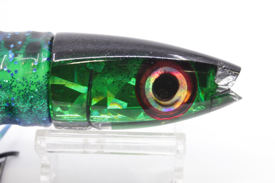 Aloha Lures Green Rainbow Flake Black Back Super Ninja 9" 6oz Skirted Black Dot-Blue Dot