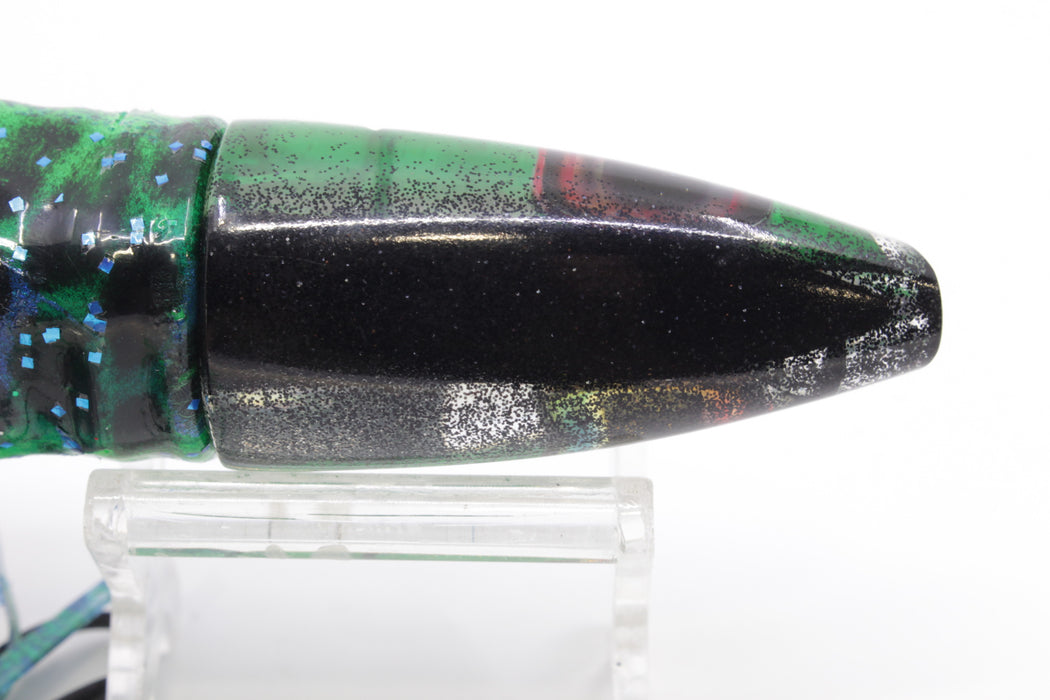 Aloha Lures Green Rainbow Flake Black Back Super Ninja 9" 6oz Skirted Black Dot-Blue Dot