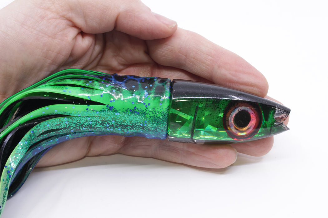 Aloha Lures Green Rainbow Flake Black Back Super Ninja 9" 6oz Skirted Black Dot-Blue Dot