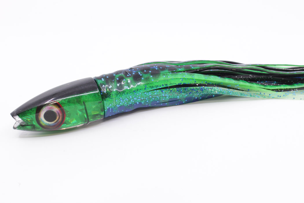 Aloha Lures Green Rainbow Flake Black Back Super Ninja 9" 6oz Skirted Black Dot-Blue Dot