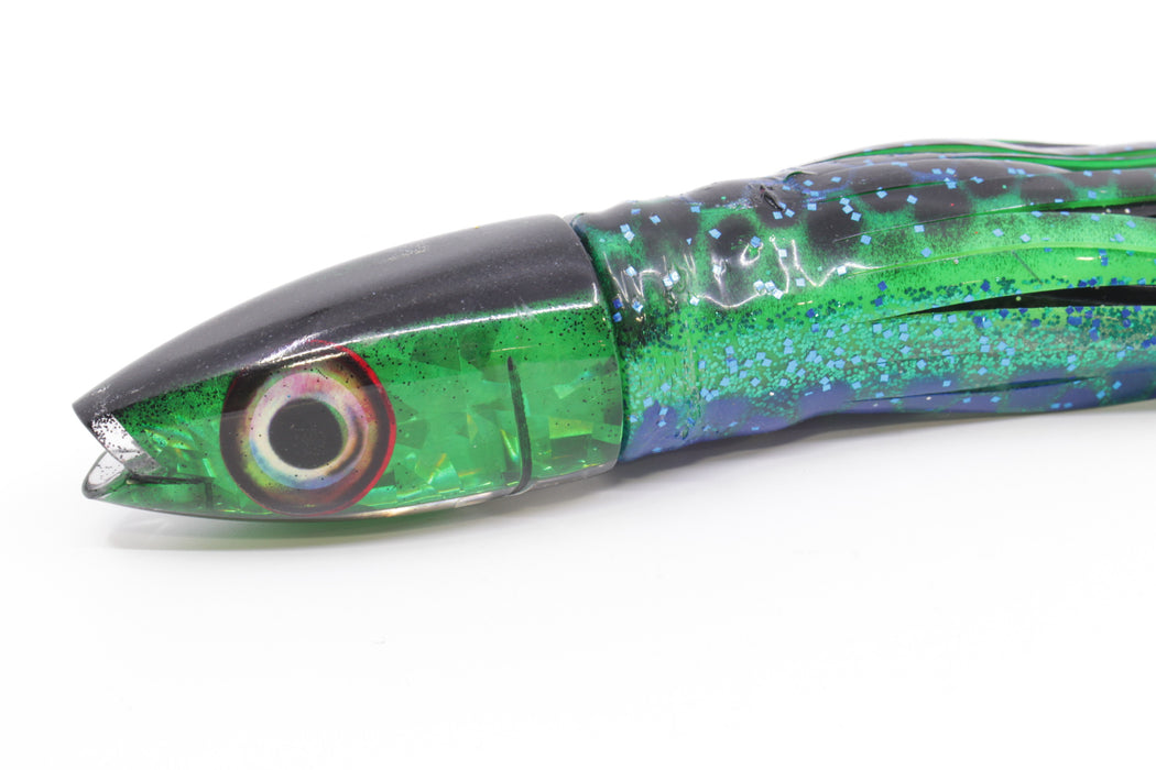 Aloha Lures Green Rainbow Flake Black Back Super Ninja 9" 6oz Skirted Black Dot-Blue Dot