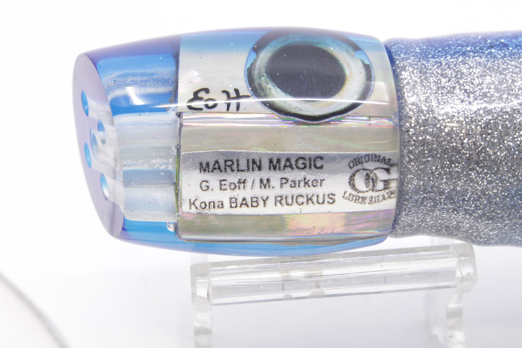 Marlin Magic White MOP Blue Back 4-Hole Baby Ruckus 10" 6.5oz Skirted Blue-Silver