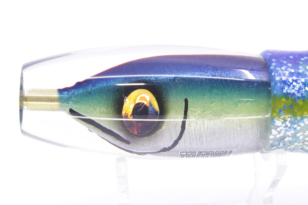 Tsutomu Lures Blue-Gold-Silver Fish Head Moke Invert 9" 7oz Skirted Blue-Silver